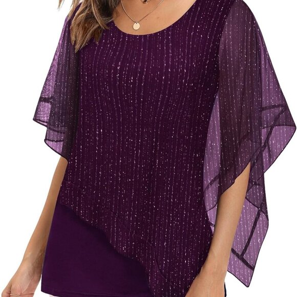 Women's Elegant Mesh Blouses Flowy Poncho Tops Dressy Casual Shirts - Picture 1 of 2